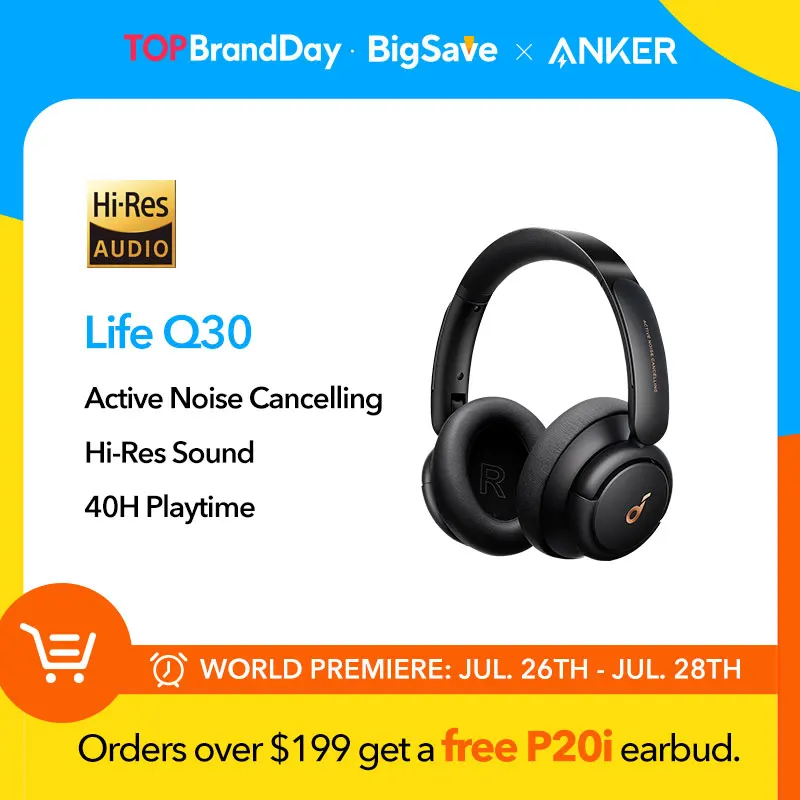 Anker-Life Q30 híbrido ativo cancelamento de ruído auscultadores, sem fios Bluetooth, over-ear auricular, Soundcore