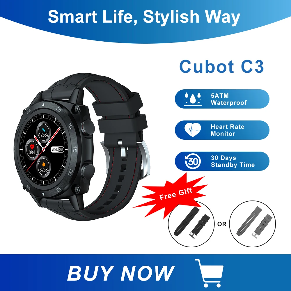 Cubot c3 smartwatch esporte freqüência cardíaca monitor de sono 5atm à prova dwaterproof água toque rastreador fitness relógio inteligente para homens mulher android ios