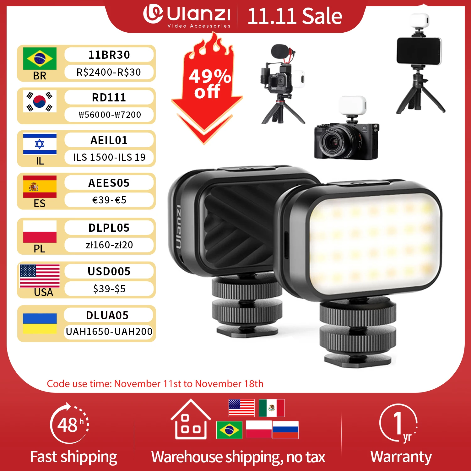 Ulanzi recarregável Mini LED Video Light, GoPro Mod na câmera, VL28, 5500K, apto para Gopro 10, 9, 8, iPhone 13, 12 Pro Max, 11, X, Xs