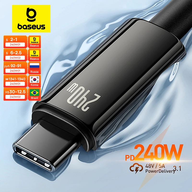 Baseus-usb tipo-c cabo, 240w, para o iphone 15, pd3.1, supercharge para realme, samsung s23, carregador rápido para macbook e pc