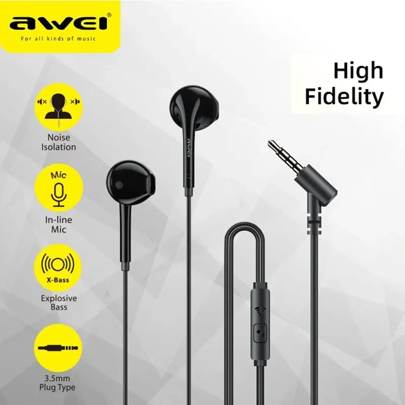 Awei-PC-7 Auscultadores com fio com microfone, auriculares intra-auriculares, auriculares estéreo graves, desportivos, controlo em linha para telefones, 3,5mm