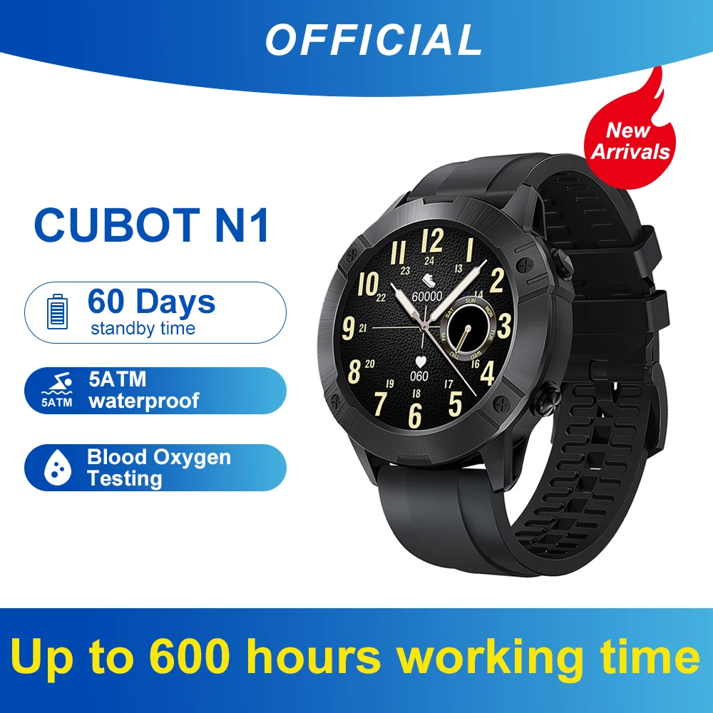 Cubot N1 SmartWatch,5ATM à prova d'água,mais de 17 dias Vida útil da bateria,teste de oxigênio no sangue,monitoramento de frequência cardíaca,sono Monitoramento,relogio masculino para Android Xiaomi POCO IOS Iphone