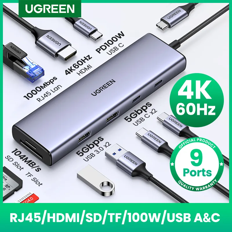 Ugreen usb c hub 4k 60hz tipo c para hdmi 2.0 rj45 usb 3.0 pd 100w adaptador para macbook ar pro ipad pro m1 pc acessórios hub usb