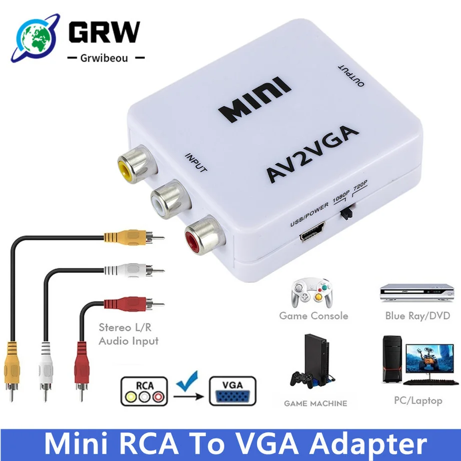 Conversor de vídeo HD com áudio para HDTV e conversor PC, RCA, AV para VGA, áudio de 3,5mm, conversor 1080p
