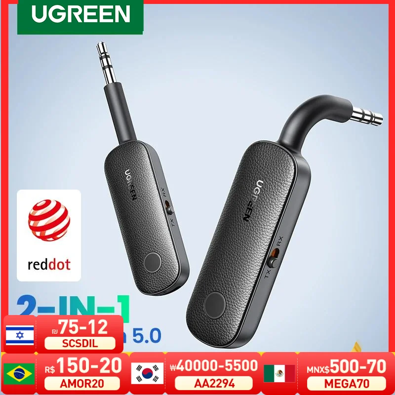 Ugreen 2-em-1 bluetooth adaptador transmissor receptor bluetooth aux 5.0 sem fio 3.5mm adaptador estéreo para fones de ouvido tv áudio do carro