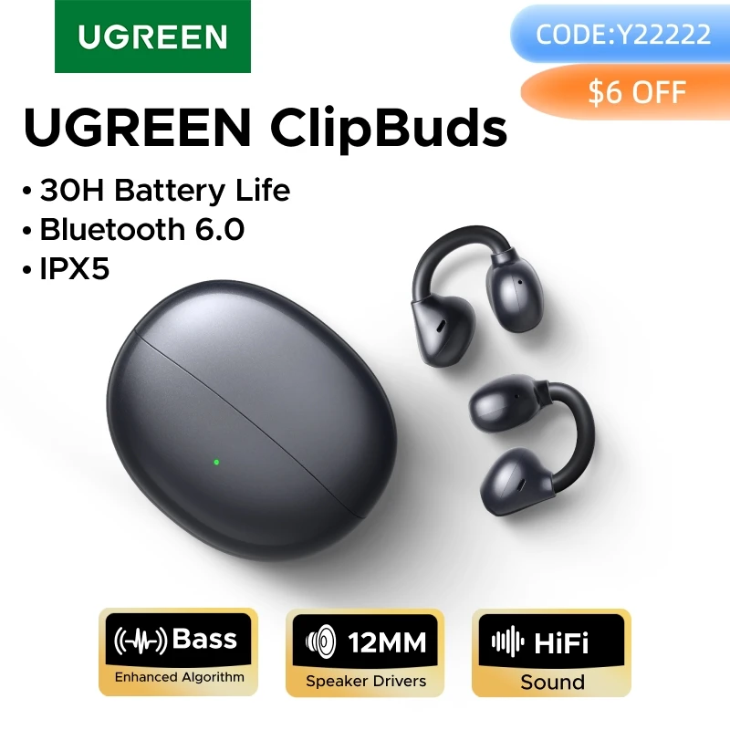 UGREEN ClipBuds Fones de ouvido sem fio de orelha aberta Bluetooth 6.0 com 4 microfones de chamada clara, fones de ouvido com clipe em 30 horas de reprodução