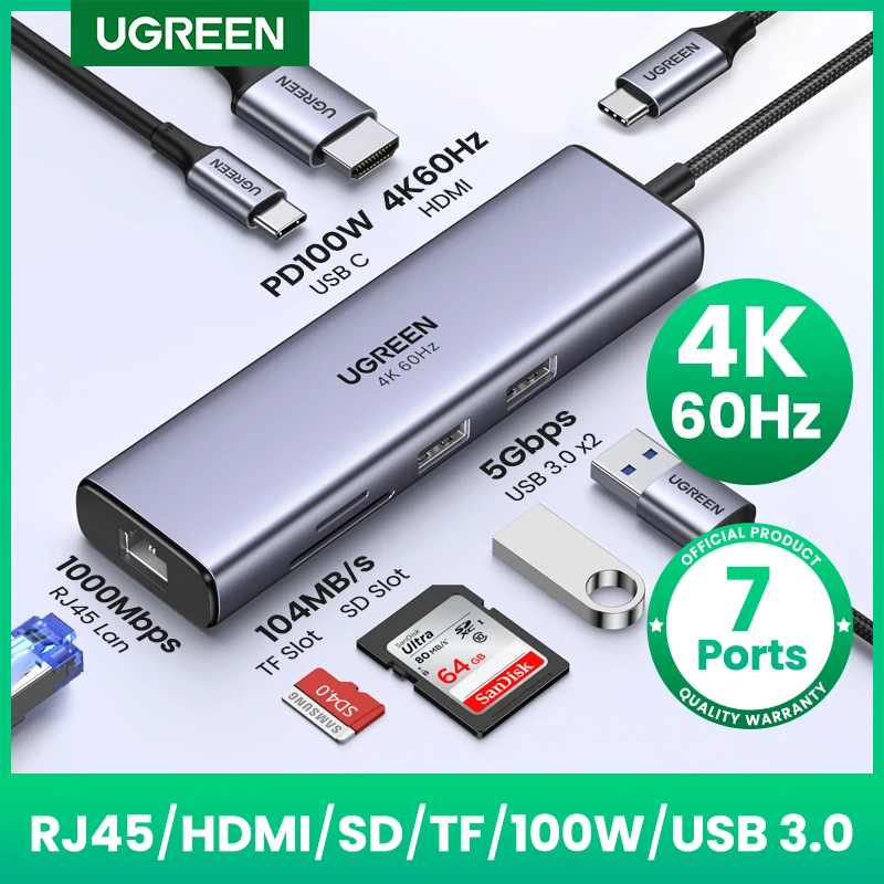 UGREEN USB HUB 7 em 1 4K60Hz HDMI Tipo-C para RJ45 5Gbps USB3.0 PD100W SD e TF Dock para laptop MacBook USB Splitter Docking Station