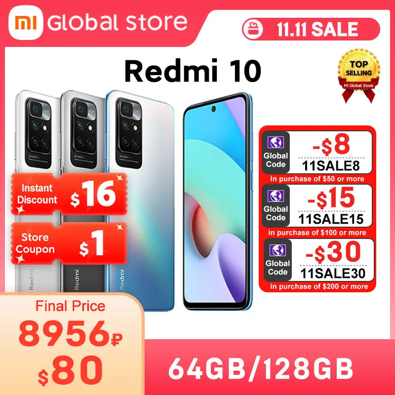 Versão global Xiaomi Redmi 10 64GB / 128GB Novo smartphone 50MP AI quad câmera 90Hz FHD Display MediaTek Helio G88 Octa Core