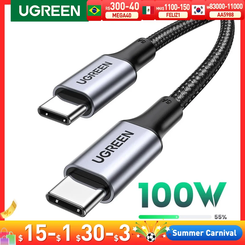 UGREEN-USB C Cabo de carregamento, Carregador Rápido, Tipo C, iPhone 15, MacBook MateBook, Samsung S21, 5A, 100W, QC4.0