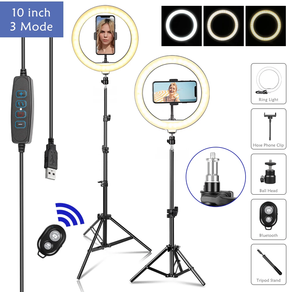 SH-Fotografia LED Ring Light com tripé, preencher a iluminação, stand titular, carga USB, lâmpada selfie, streaming de vídeo, 10 