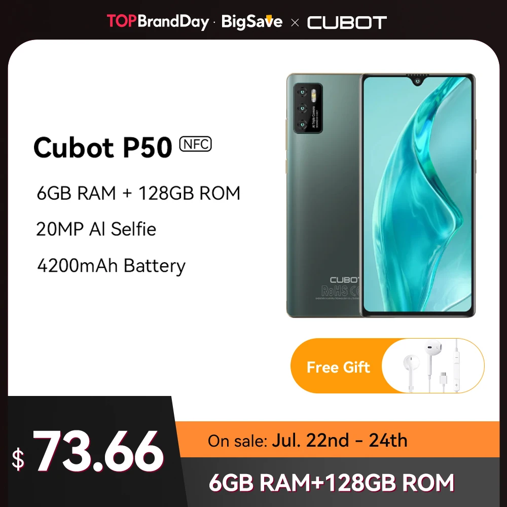 Cubot-P50 Smartphone Android, 6GB de RAM, 128GB ROM, Octa-Core, 4200mAh, 6,2 
