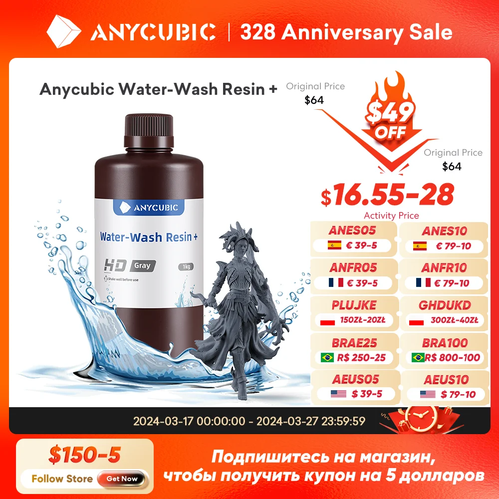 ANYCUBIC Water-Wash Resin+ Para Impressora LCD 3D Lavável em Água Alta Precisão Baixo Odor Baixa Viscosidade Material de Impressão 3D