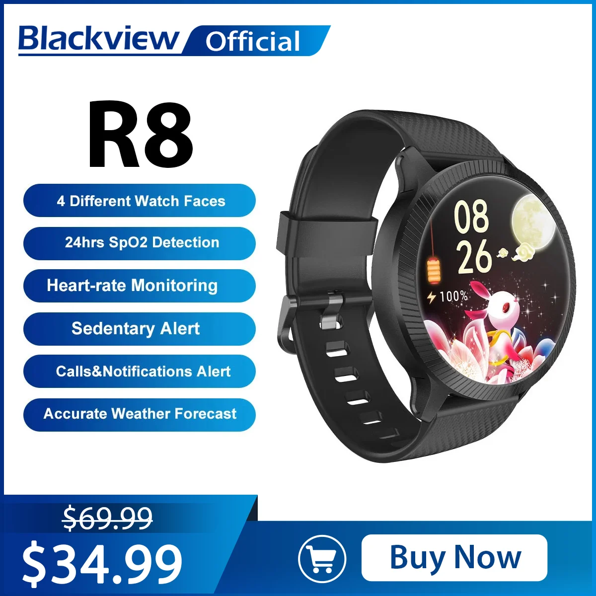 Blackview 2022 relógio inteligente r8 freqüência cardíaca de oxigênio no sangue monitoramento saúde smartwatch para homens mulheres fitness android ios