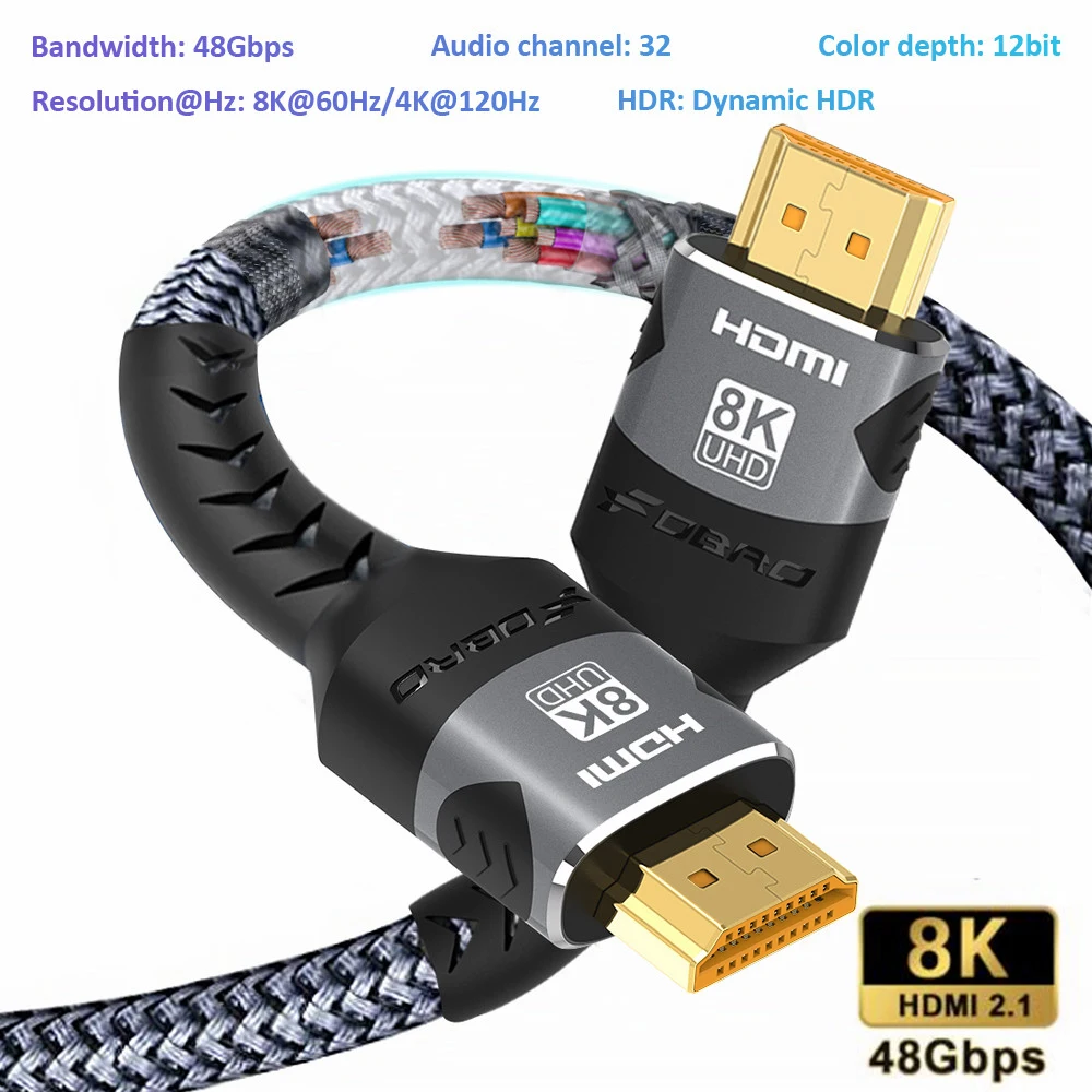 FDBRO Cabo compatível com HDMI para RTX 3080, vídeo eARC HDR, PC Laptop TV Box e PS5, 4K @ 120Hz, 8K @ 60Hz, 2.1 cabo, adaptador de 48Gbps