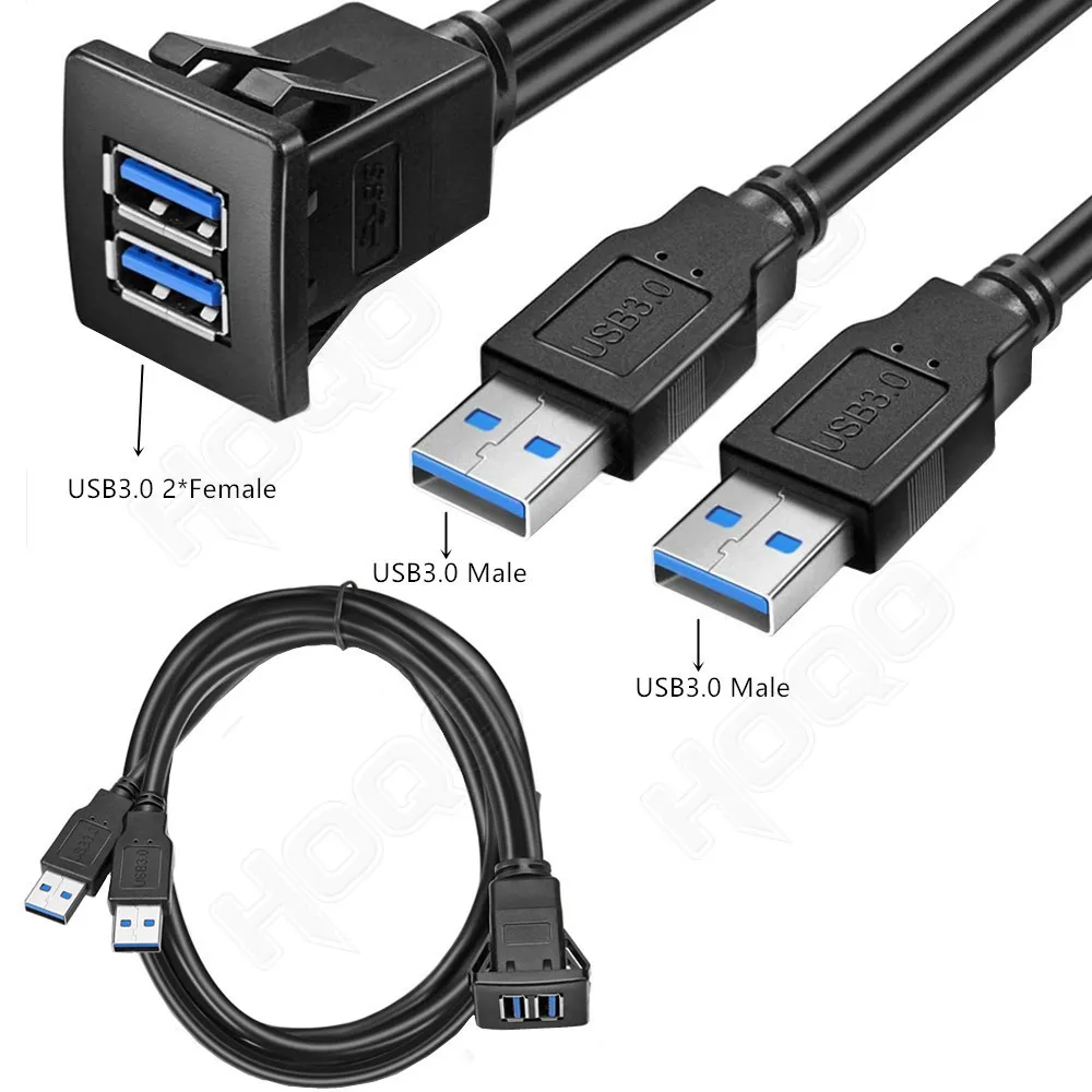 Cabo de extensão com entrada dupla usb cab, cabo para painel, quadrado, para motocicleta, carro