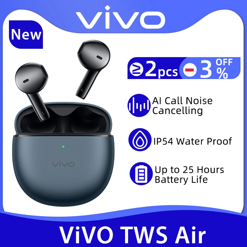 Fone de ouvido sem fio Vivo com cancelamento de ruído AI, TWS Air, Bluetooth 5.2, microfone duplo, 25 duração da bateria, 14,2mm, X80 Pro