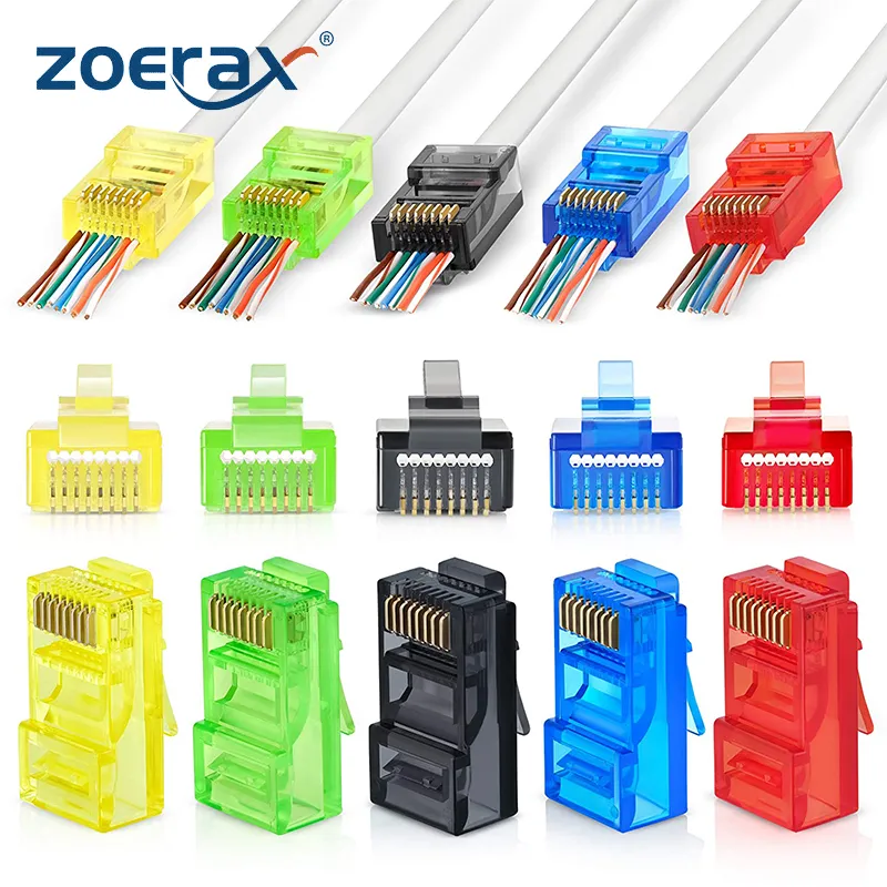 Zoerax rj45 cat6 passar por conectores, cores sortidas, ez para frisar plug modular para cabo de rede utp sólido ou encalhado