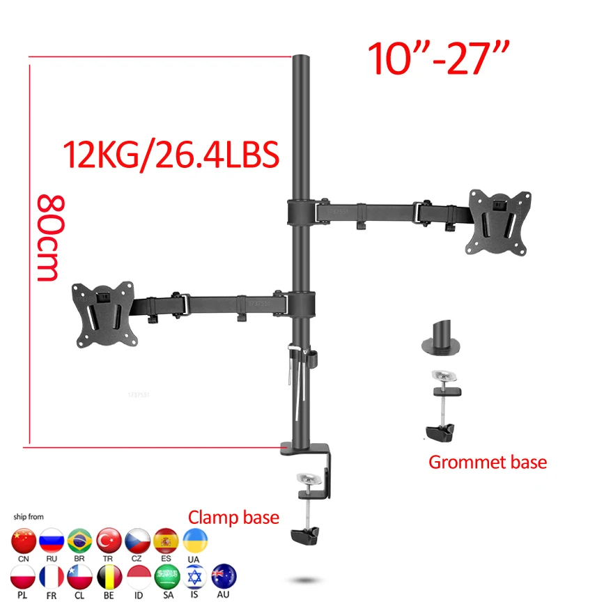 (80cm)-suporte de mesa para monitor duplo full motion, com braçadeira de 10-27 polegadas, base para furo de met, braço dobrável, 12kg