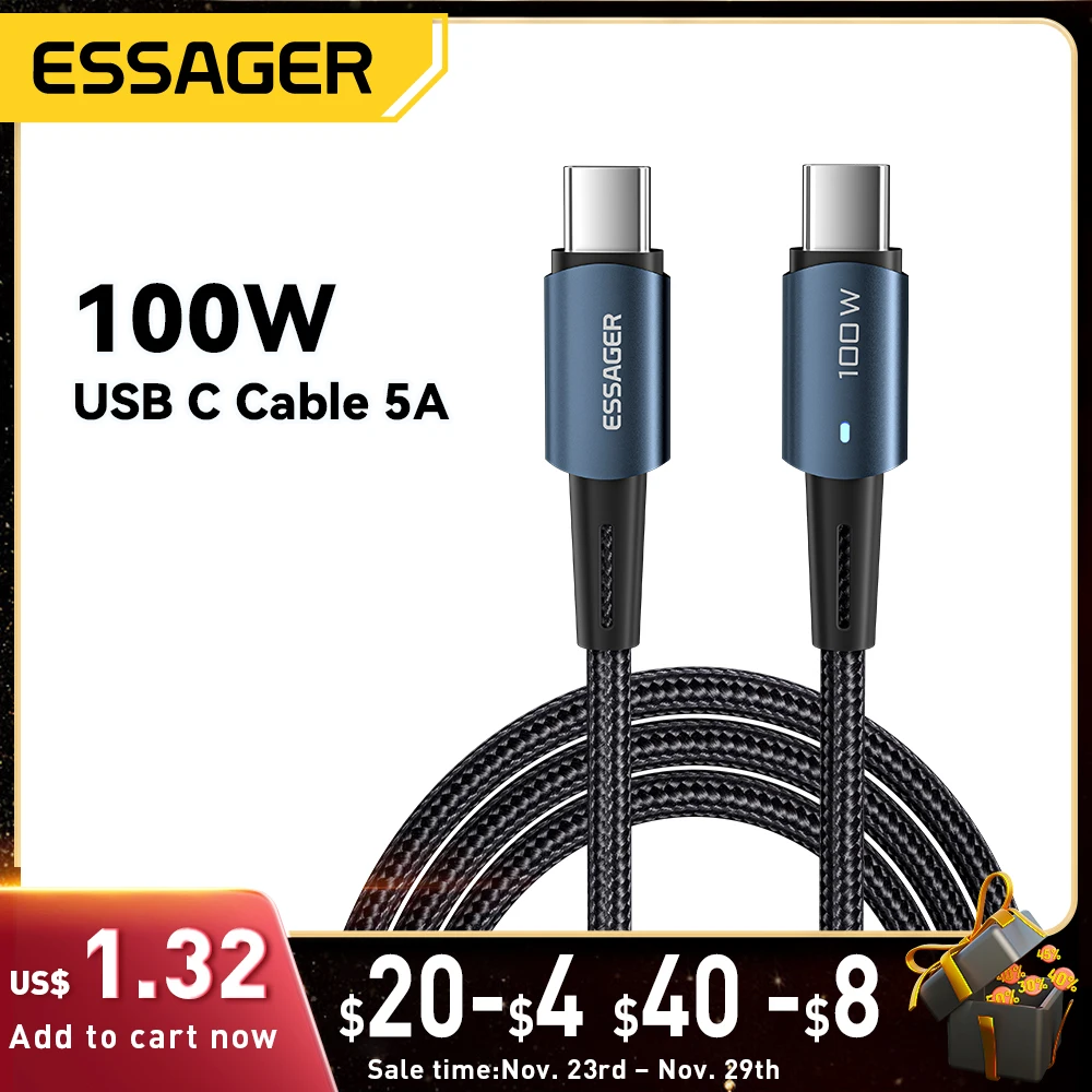 Essager Tipo C Cabo de Carregamento Rápido, Cabo de Dados para Xiaomi, Huawei P30, P40 Pro, 5A, Samsung S21 Ultra, S20, 100W