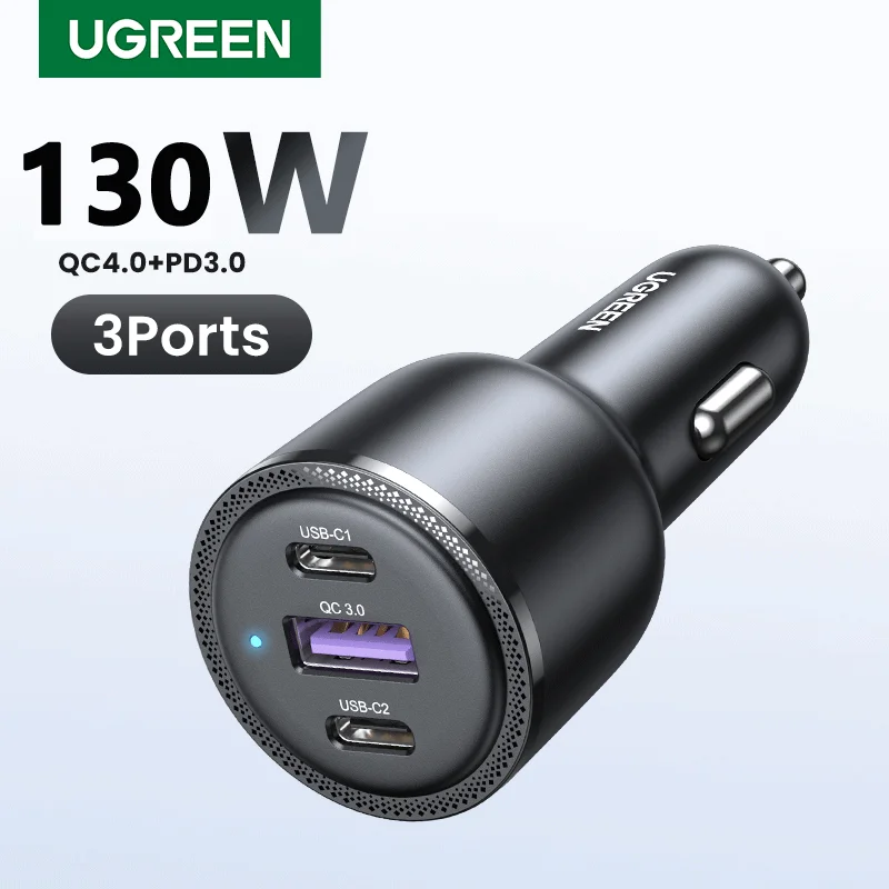 UGREEN-USB C Carregador de Carro para Xiaomi, iPhone 15, 14 Pro, Laptop, PD 3.0, Carregador Rápido, Carregamento Rápido, Tipo C, 130W