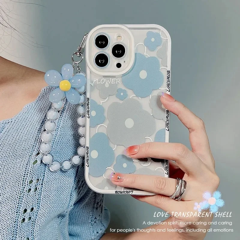 Capa macia TPU com pulseira de flor azul, capa DIY para Samsung Galaxy S9 S10 S20 S21 FE S22 Plus A21S A51 A52 A72 A12 A32, TD121