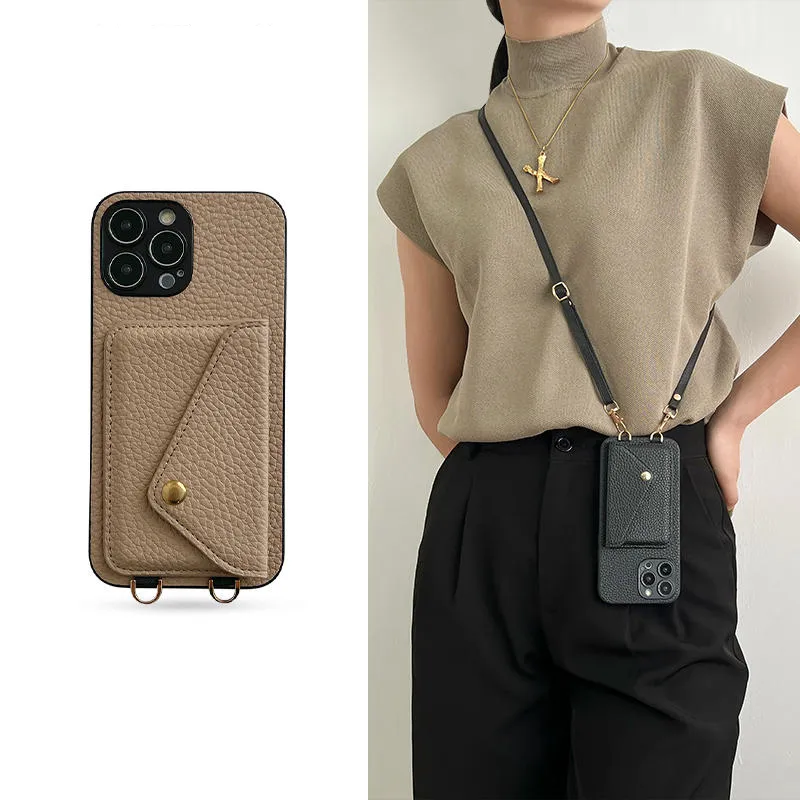 Capa de couro com alça crossbody, suporte do cartão, tampa do telefone, cordão luxuoso, iPhone 13, 11, 12, 11Pro, 15Pro, 14Pro Max, 12Mini, XR