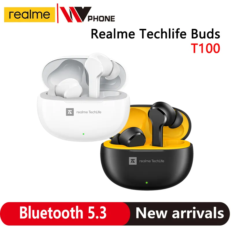 Realme techlife botões t100 5.3 bluetooth ai enc ture fones de ouvido sem fio longa vida útil da bateria tws ipx5 esporte fone de ouvido à prova d' água