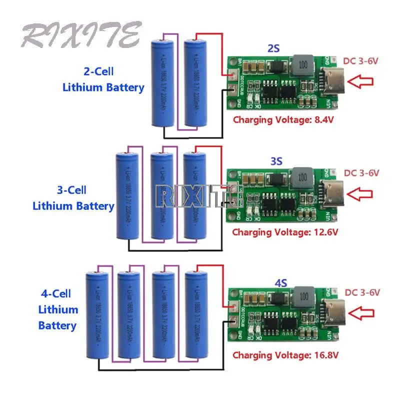 Placa do carregador da bateria do lítio, USB C, impulso step-up, módulo para o banco do poder do polímero do Li-Po, tipo C, BMS 2S, 3S, 4S, 1A, 2A, 4A, 18650