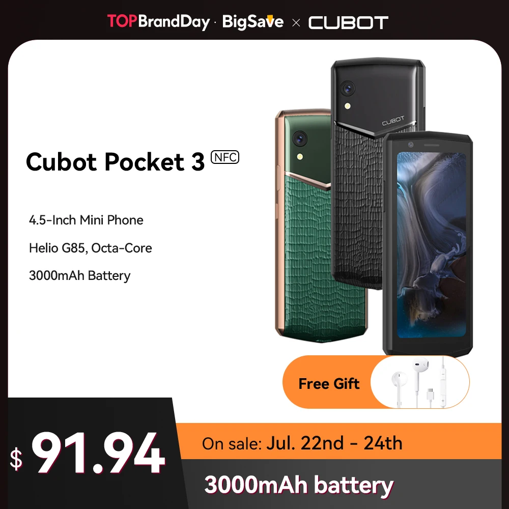 Cubot Pocket 3, Mini Smartphone de 4,5 polegadas, Helio G85, Octa-Core, NFC, 4GB RAM, 64GB ROM, 3000 mAh, câmera de 20MP, mini celular, 4G celulares, celular barato com frete grátis, SIM duplo celulares em promoção,GPS