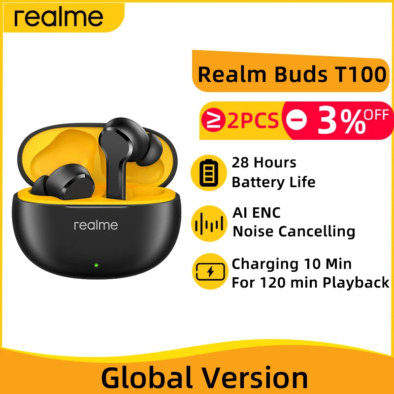 Versão global realme buds t100 tws fone de ouvido bluetooth 5.3 ai niose cancelando sem fio fone de ouvido 28 horas vida útil da bateria