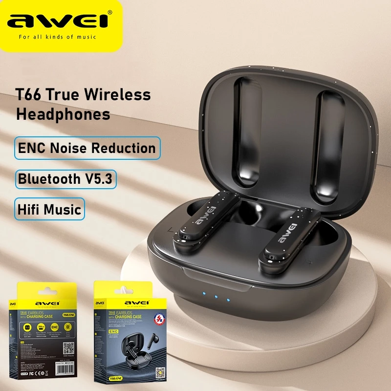 Awei-T66 fone de ouvido sem fio bluetooth 5.3 fone de ouvido bluetooth Fones De Ouvido Estéreo Esportivos, Fones De Ouvido TWS, Dual HD Mic