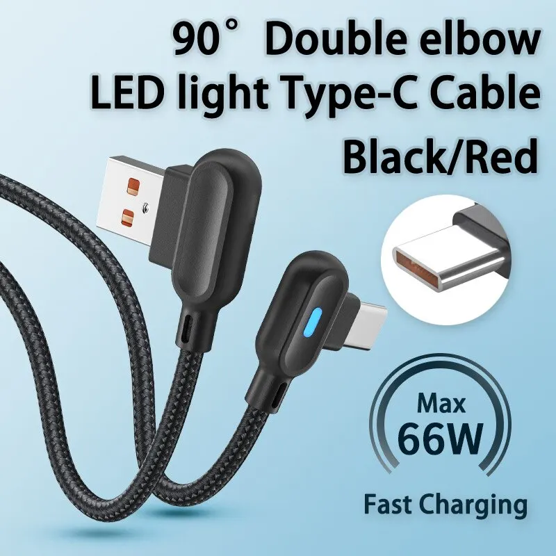 66W Carregamento Rápido Tipo C Cabo Com Luz Double Elbow Cable para Jogo para Samsung Xiaomi Mobile Phone Trançado Cabo de Dados