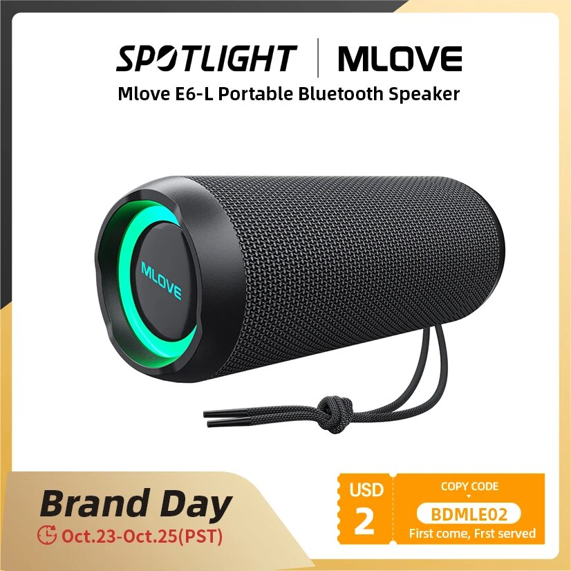 MLOVE-E6-L Alto-falante Bluetooth ao ar livre com BassUp de um toque, IPX7 à prova d'água, cartão Micro SD, plugue AUX-in, tempo de reprodução 37H, luz RGB