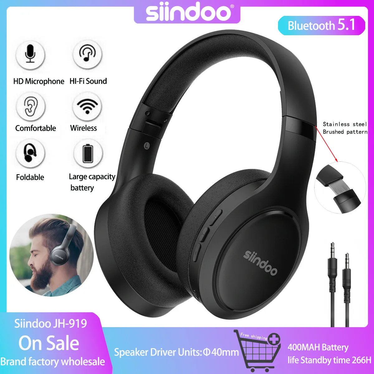 Siindoo JH-919 Auscultadores sem fios Bluetooth, Fones de ouvido estéreo dobráveis, Super Bass, Redução de Ruído, Microfone para iPhone, Laptop, PC, TV