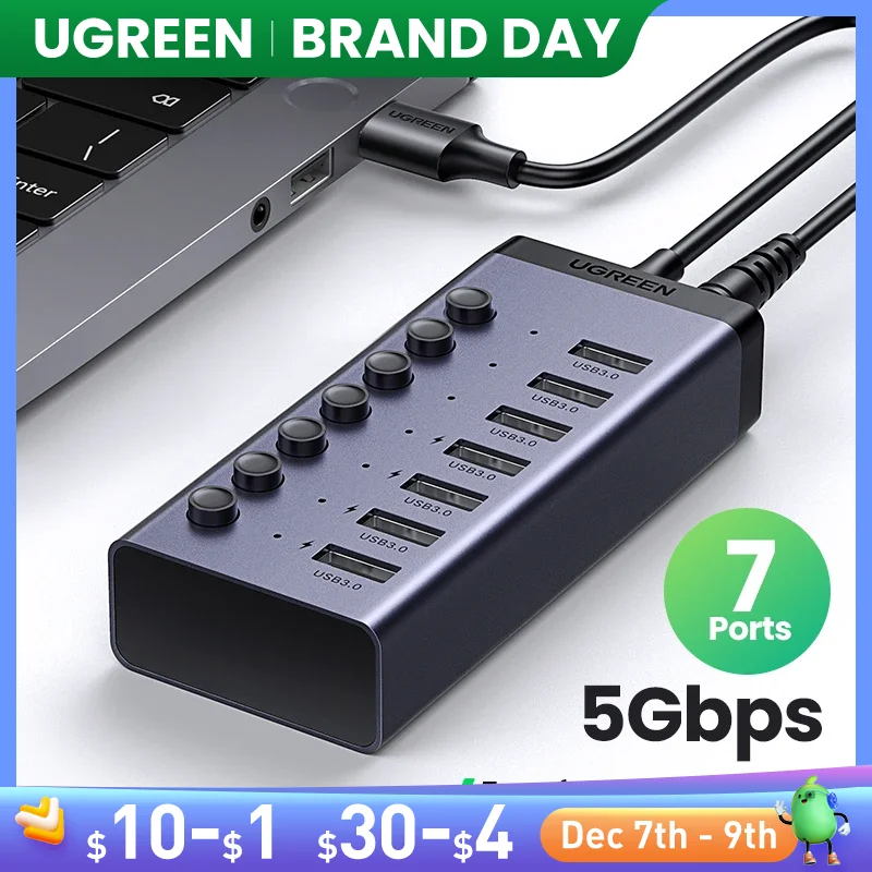 Ugreen usb c hub 5gbps 7 portas usb3.0 divisor com interruptor individual com 12v 2a adaptador da ue para macbook pro/ar acessórios do pc