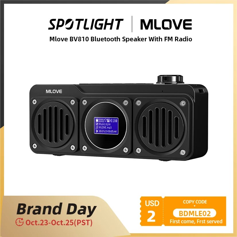 MLOVE-alto-falante Bluetooth portátil com rádio FM, alto-falante à prova d'água, tela LCD, HD Free Call, slot para cartão Micro SD, BV810