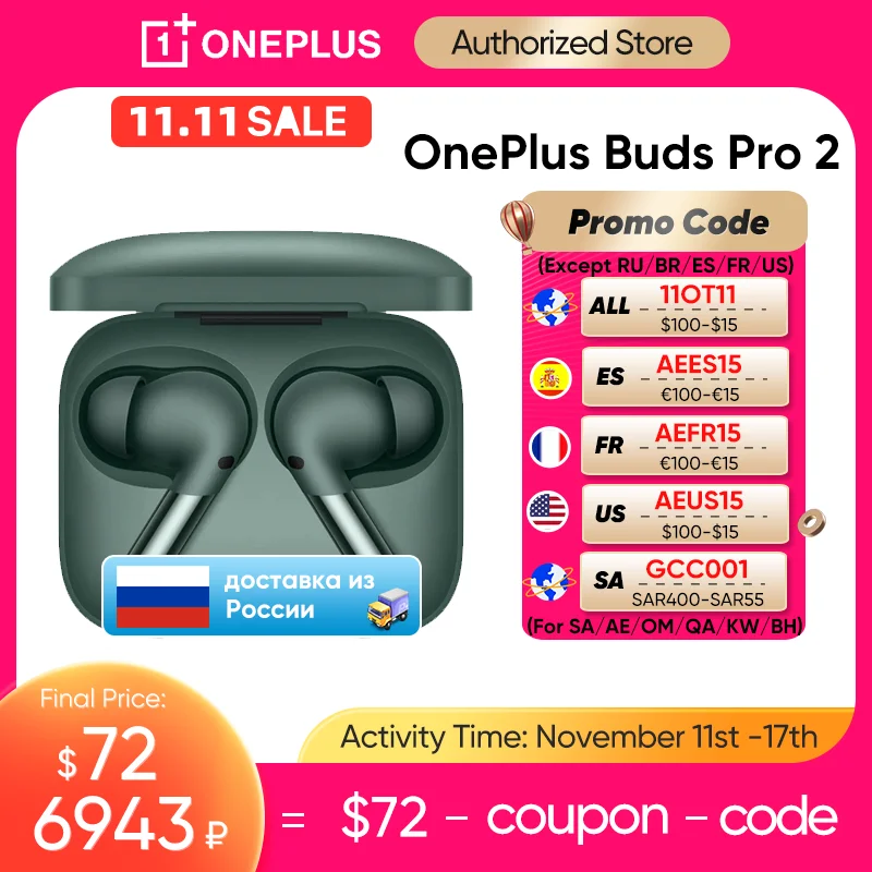 Oneplus Buds Pro 2 Fone de ouvido sem fio, cancelamento de ruído, TWS Bluetooth, 48dB, bateria de 39 horas, novo, Oneplus 11, 10