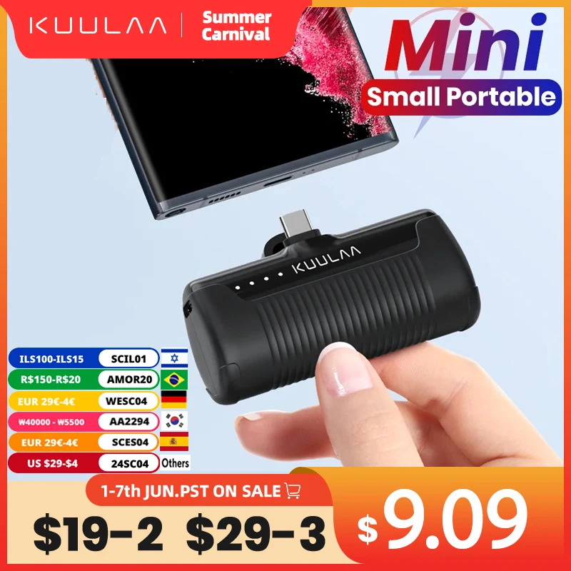 KUULAA-Mini Power Bank, carregador portátil para iPhone 15, 14, 13, 12 Pro Max, Samsung, Xiaomi, bateria externa, 4500mAh