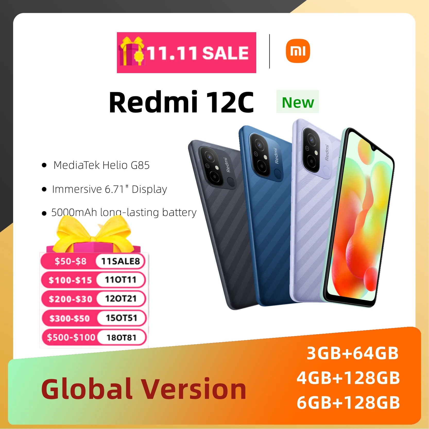 Estreia mundial Xiaomi Redmi 12C Versão Global 64GB 128GB MediaTek Helio G85 6.71 