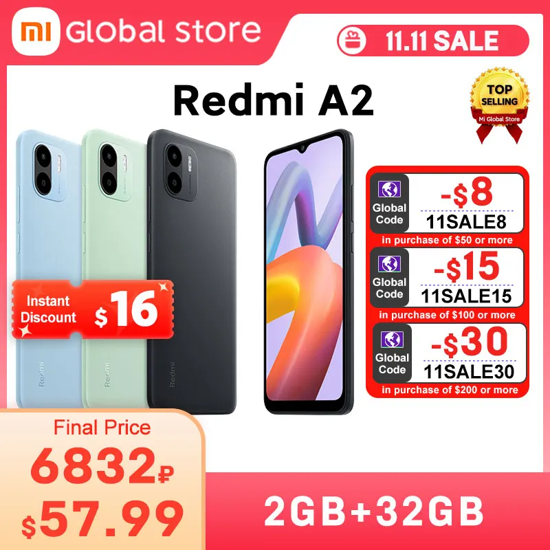 Xiaomi-Redmi A2 Versão Global, 2GB RAM, 32GB ROM, MTK Helio G36, Tela 6.52 