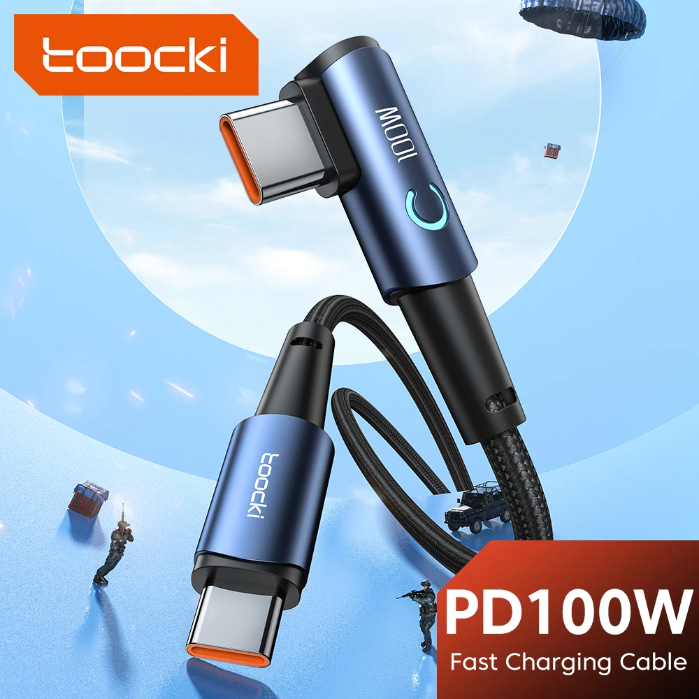 Toocki-USB Tipo C para Tipo C Cabo, ângulo de 90 graus, carga rápida, fio de dados para Xiaomi, Samsung, Huawei, Macbook, iPad, 100W