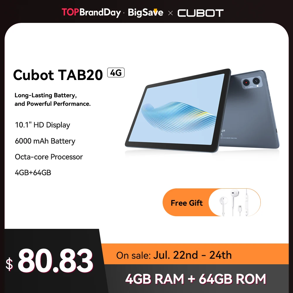 Cubot TAB 20, Tablet Android 13, Octa-core, tablet 10 polegadas Display, 6000mAh, 4GB+64GB (Suporte para até 256GB estendido), Rede 4G, Câmera Traseira de 13MP, Tablet PC, Android Pad,tablete mais barato, GPS tablets