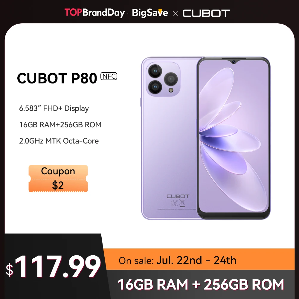 Cubot-P80 Smartphone Android 13, Telefone Versão Global, 8GB RAM, 256GB, 512GB ROM, NFC, Tela Grande 6.583 