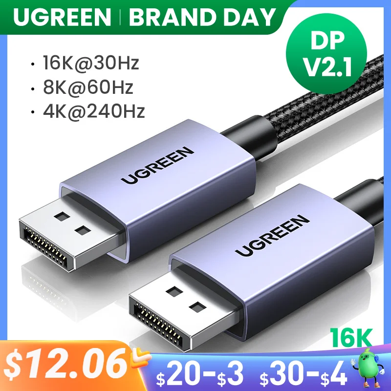 UGREEN-Displayport Cabo para Xiaomi TV Box PC Laptop Monitor Game, DP Cable Display Port, Cabo de Vídeo Áudio, 16K, 4K144Hz, 8K, 16K