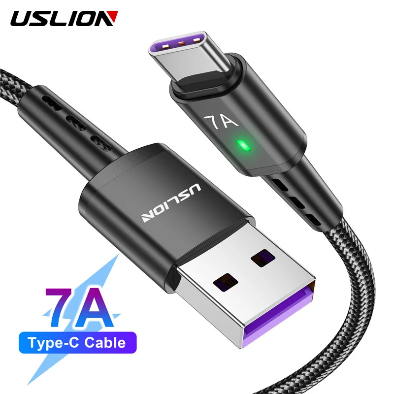 USLION-USB Tipo C Cabo, 7A Carregamento Rápido, Cabo de Dados, Fio para MacBook, Xiaomi, Samsung, Huawei