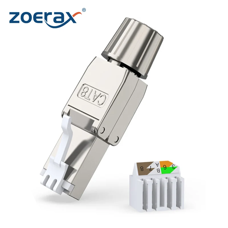 ZoeRax Toolless Plug de terminação de campo, STP blindado, PoE ++, 4P PoE, Modular, RJ45, Cat7, Cat8, RJ45