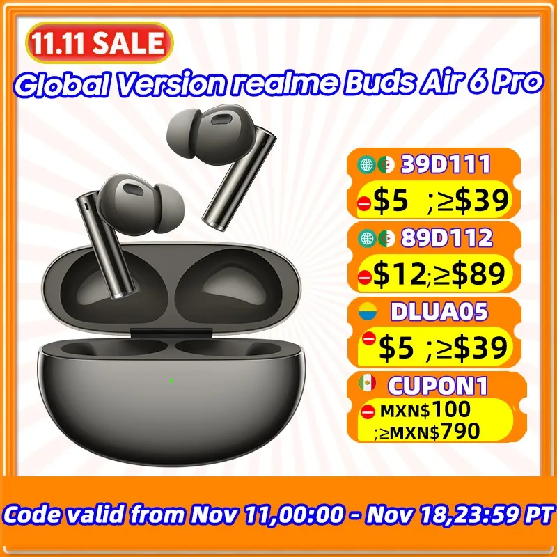 Versão global realme buds air 6 pro verdadeiro fone de ouvido sem fio 50db cancelamento de ruído ativo bluetooth 5.3 tws fone de ouvido ldac
