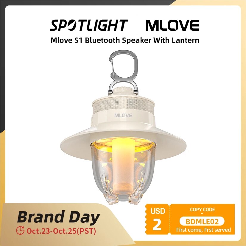 Mlove-S1 Alto-falante Bluetooth portátil, som poderoso, luz 360 °, IP65 impermeável, 24h Playtimes