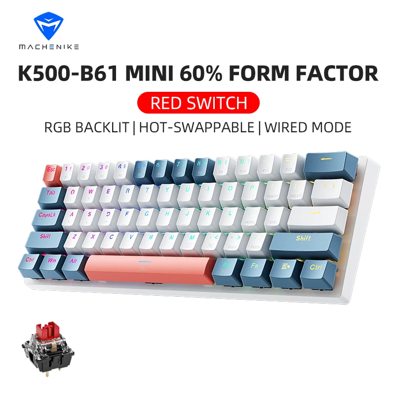 Machenike K500-B61 Mini Teclado Mecânico Formato 60% com Fio, Teclas Removíveis, Retroiluminação RGB, 61 Teclas para Jogos.