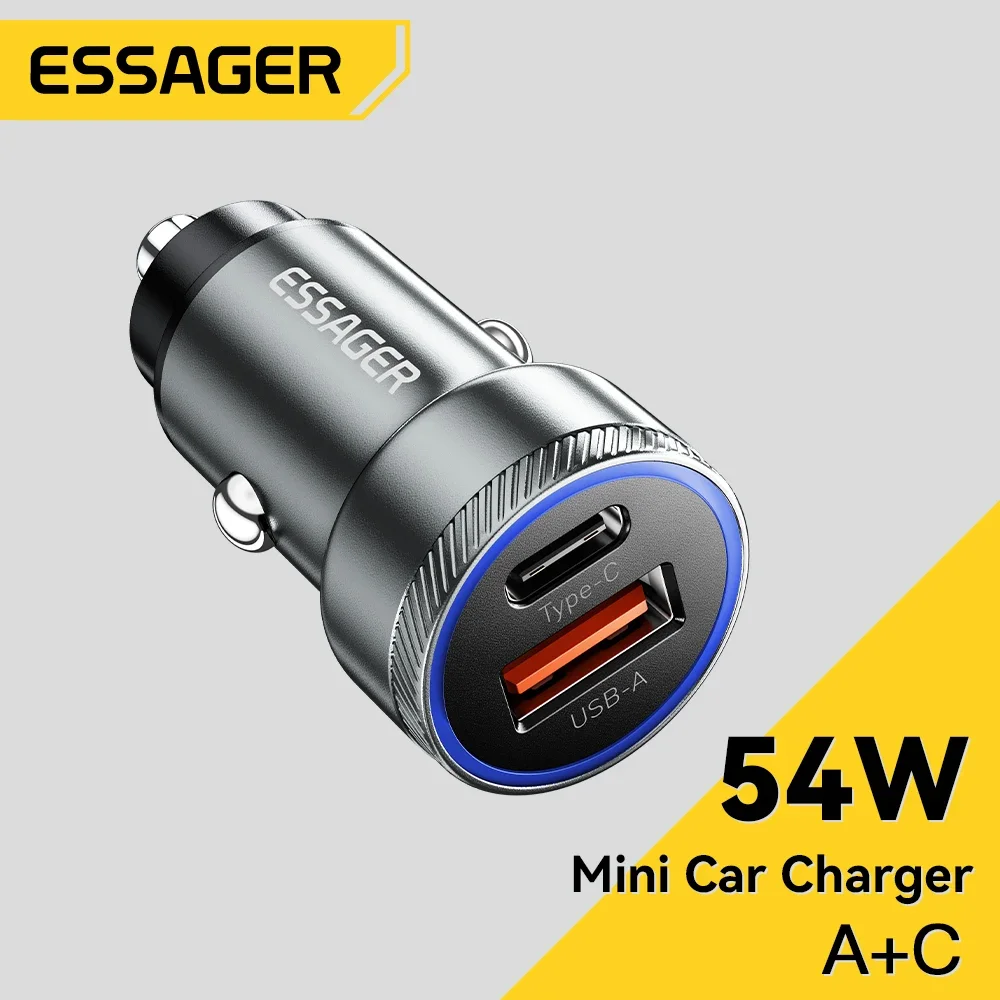 Carregador de carro USB Essager, 5A Carregamento Rápido, QC 3.0, PD 3.0, SCP, AFC, Tipo C, Carregadores de telefone para iPhone, Huawei, Samsung, Xiaomi, 54W
